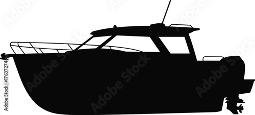 Motorboat silhouette vector illustration showing cabin cruiser with antenna, outboard engine, streamlined hull design for transport, recreation, and marine concept
