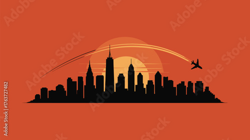 Stunning city skyline silhouette at sunset with airplane soaring high, perfect for travel, business, or modern urban lifestyle designs