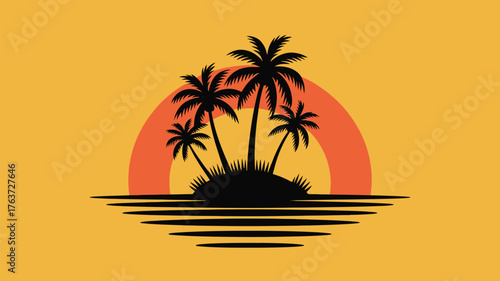 Stunning tropical island getaway with silhouetted palm trees against a vibrant sunset, perfect for travel brochures and vacation promotions