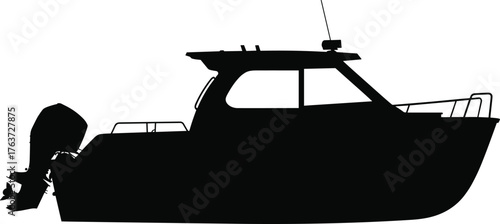 Motorboat silhouette vector illustration showing cabin cruiser with antenna, outboard engine, railing detail, black design for marine transport and recreation