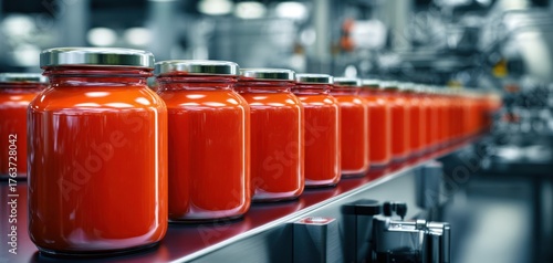 The Tomato Sauce Jars Moving Along Food Production Conveyor in Factory