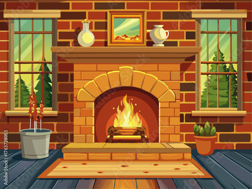 Realistic vector of classic fireplace with brick wall background, warm firelight, cozy wooden floor, detailed traditional home interior illustration
