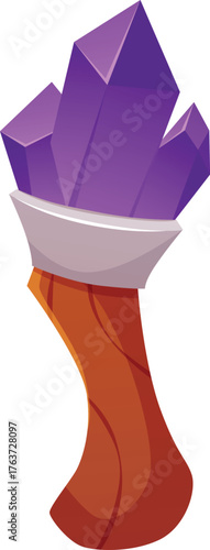 Magic wand, wooden stick, stone with purple crystal, vector cartoon wizard rod, witch scepter with gemstones, game torch