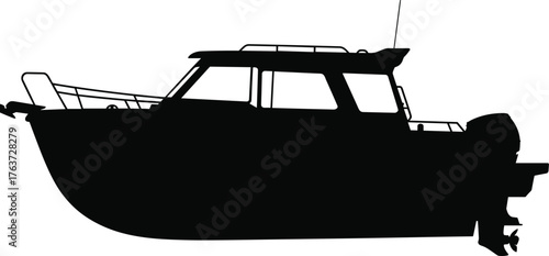 Motorboat silhouette vector illustration showing cabin cruiser with railing, antenna, outboard engine, black design for marine transport and recreation use