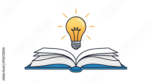 Illustration of an open book with a lightbulb above it, symbolizing knowledge and ideas on a plain white background.