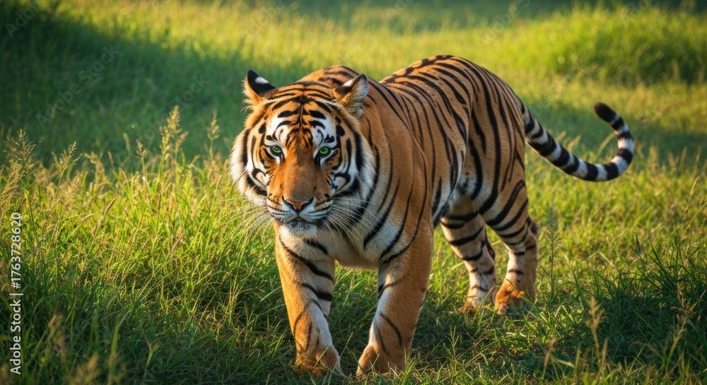 Obraz premium Tiger strides powerfully through sunny meadow, stripes contrasted with green grass