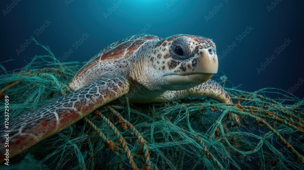 Obraz premium Turtle entangled in plastic pollution underwater scene