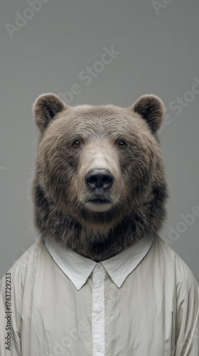 Surreal portrait of a bear in sophisticated clothing, representing strength, creativity, and elegance through modern conceptual photography with refined details and artistic design 