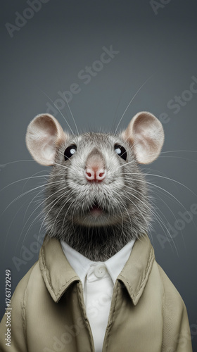 Conceptual portrait of a mouse in refined attire, combining innocence and creativity through surreal studio photography with elegant textures, artistic composition