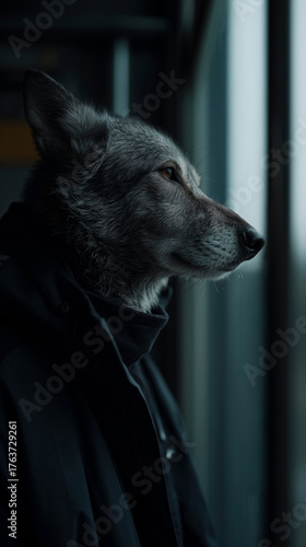 Artistic surreal portrait of a wolf in elegant attire, expressing instinct, creativity, and refinement through conceptual studio photography with lighting, detail, and premium editorial composition