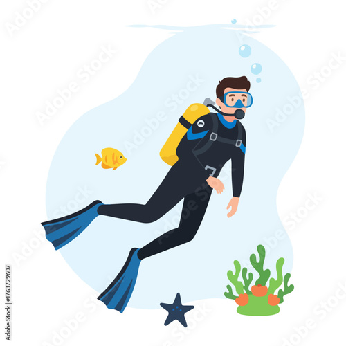 A man in a wetsuit with scuba gear and flippers swims underwater next to a yellow fish and coral.