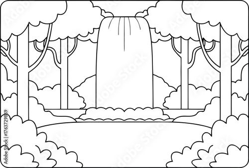 Grand waterfall cascading in a lush forest with tall trees for childrens coloring book