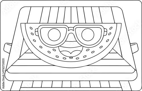 Jolly half watermelon character with funny sunglasses enjoying a sunny outdoor day