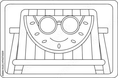 Outlined watermelon character enjoying summer vacation on a striped lounge chair with stylish round sunglasses