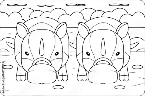 Charming coloring page featuring two adorable cartoon rhinos standing in a simple natural environment