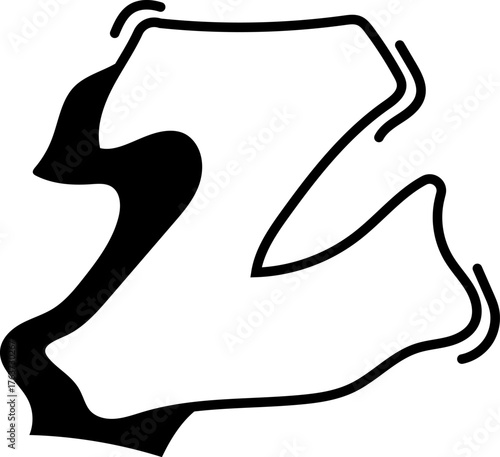 An abstract drawing of an unusual shape. The artistic style focuses on the combination of black and contours