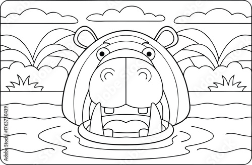 Cute cartoon hippopotamus peeking from river water with an open mouth in a line art style