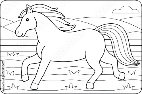 Majestic horse galloping freely across a field with a fence and hills in the background for coloring