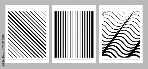 Abstract geometric poster set for background with line gradient. Modern cover template in minimalism and brutalism style for social media, banner. Perspective geometric prism shape wave, line, pattern