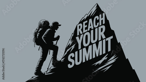 Inspiring mountain climber reaching summit, a motivational symbol of achievement, ambition, and conquering challenges, perfect for adventure brands