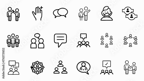 Collection of line art icons depicting communication, teamwork, and social interaction scenarios