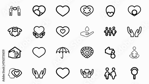 Collection of line art icons depicting love care and support with people and heart shapes in black and white