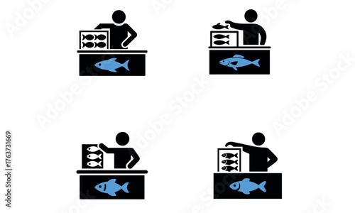 Set of fish shop icons showing seafood seller and market counter in flat design
