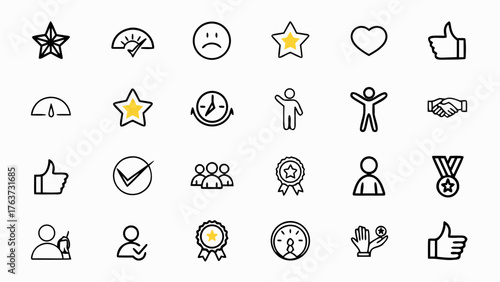 Set of diverse line icons representing feedback, success, and positive interactions and achievements
