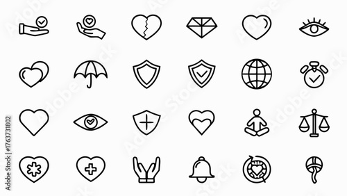 Collection of various line art icons including hearts, shields, hands, and other miscellaneous symbols
