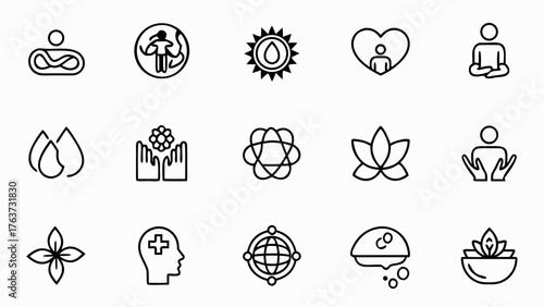 Collection of wellness and health icons featuring meditation, nature, and holistic health symbols in black and white