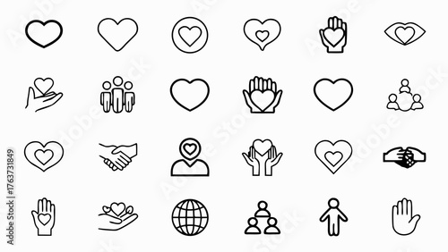 Collection of various heart and love themed icons including hands, people and a globe design element