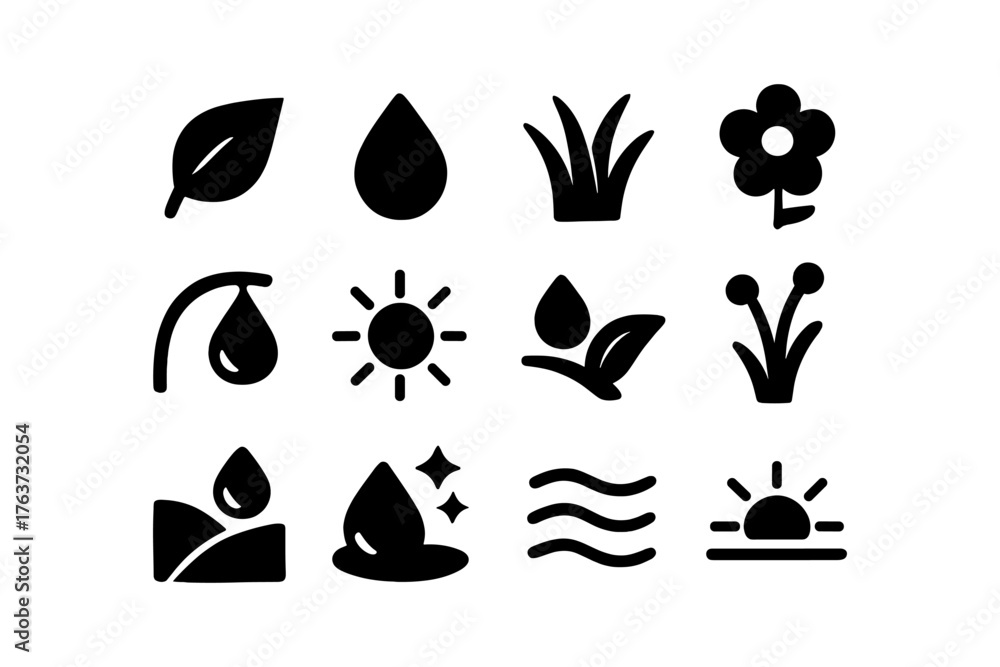 Fototapeta premium Nature icons set: minimalist symbols of plants, water, and sun in black