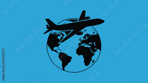Global reach, airplane flying over world map for travel and business solutions, international transportation, global trade and worldwide communication