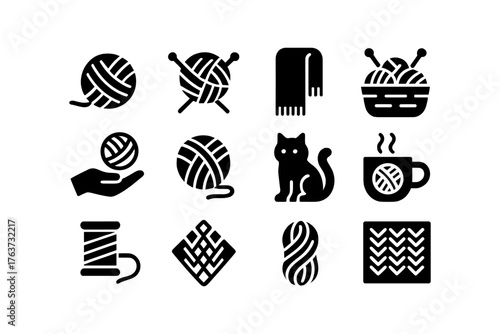 Cozy knitting icons: wool, yarn, and craft symbols in black silhouette style