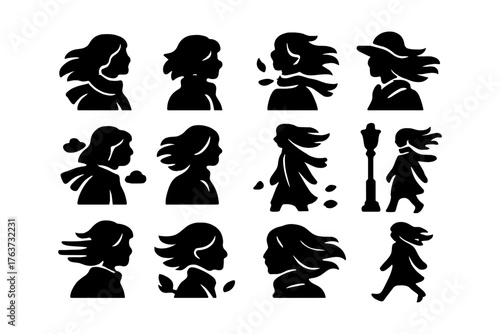 Silhouette of women walking in windy conditions with flowing hair
