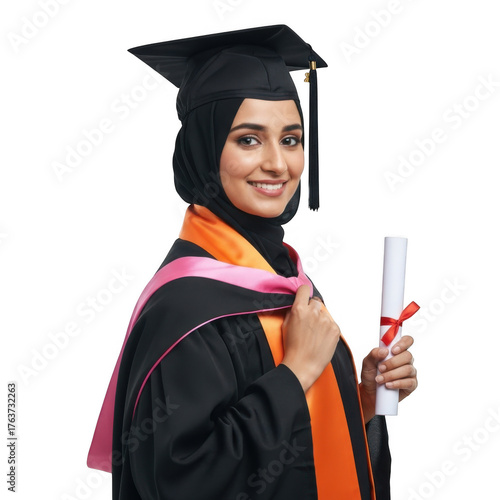 A young woman wearing a graduation cap and gown with a diploma in hand smiling happily isolated on transparent background