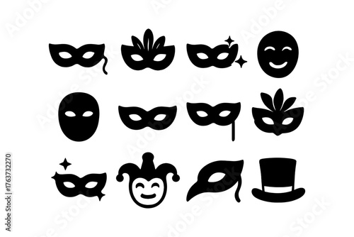 Collection of various black carnival masks and party accessories