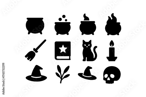 Halloween silhouette icons: witch hat, cat, cauldron, candle, skull, broomstick