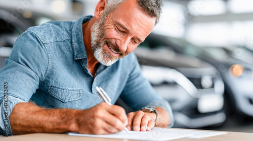 A smiling middle-aged man signing documents at a car dealership, with new cars blurred in the background.