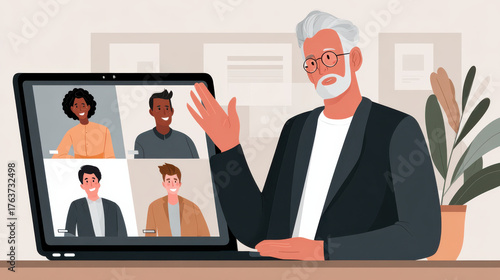 Leader using technology to connect with remote team members during video conference, showcasing collaboration and communication