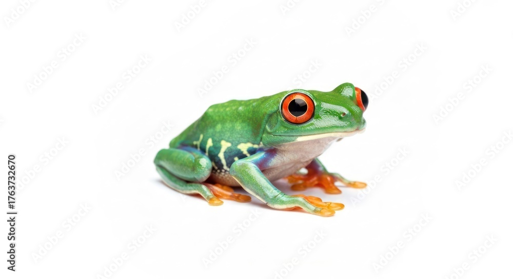 Fototapeta premium Bright green frog with red eyes sits against a plain white background