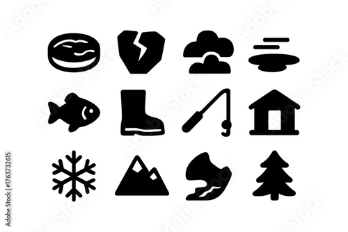 Winter icons set: black silhouette symbols of winter activities and nature