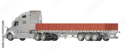 Photography White flatbed truck transporting stacks of red bricks, isolated on transparent background