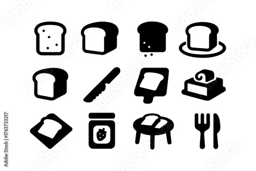 Silhouette bread icons set: sliced, whole, toasted with knife and butter