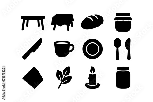 Black silhouette icons of kitchenware and dining elements for home cooking