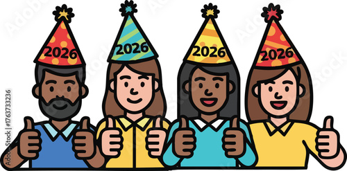 Group of people celebrating New Year 2026 with party hats and thumbs up.