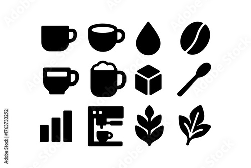 Coffee icons set: cups, beans, sugars, and leaves in simple black silhouette design