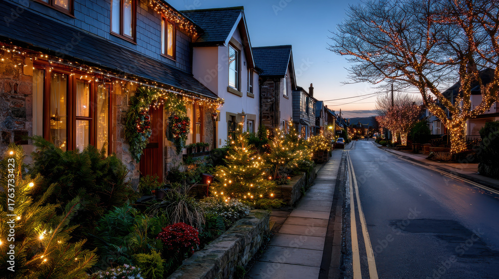 Fototapeta premium Beautifully lit street lined with houses decorated for holiday season, showcasing festive lights and greenery, creating warm and inviting