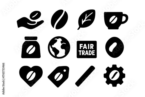 Fair trade coffee icons set: sustainable silhouette symbols for ethical beverage themes