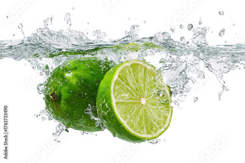 A vibrant, high-resolution image of whole limes and a sliced lime splashing into clear water, capturing the freshness and zest of the fruit.